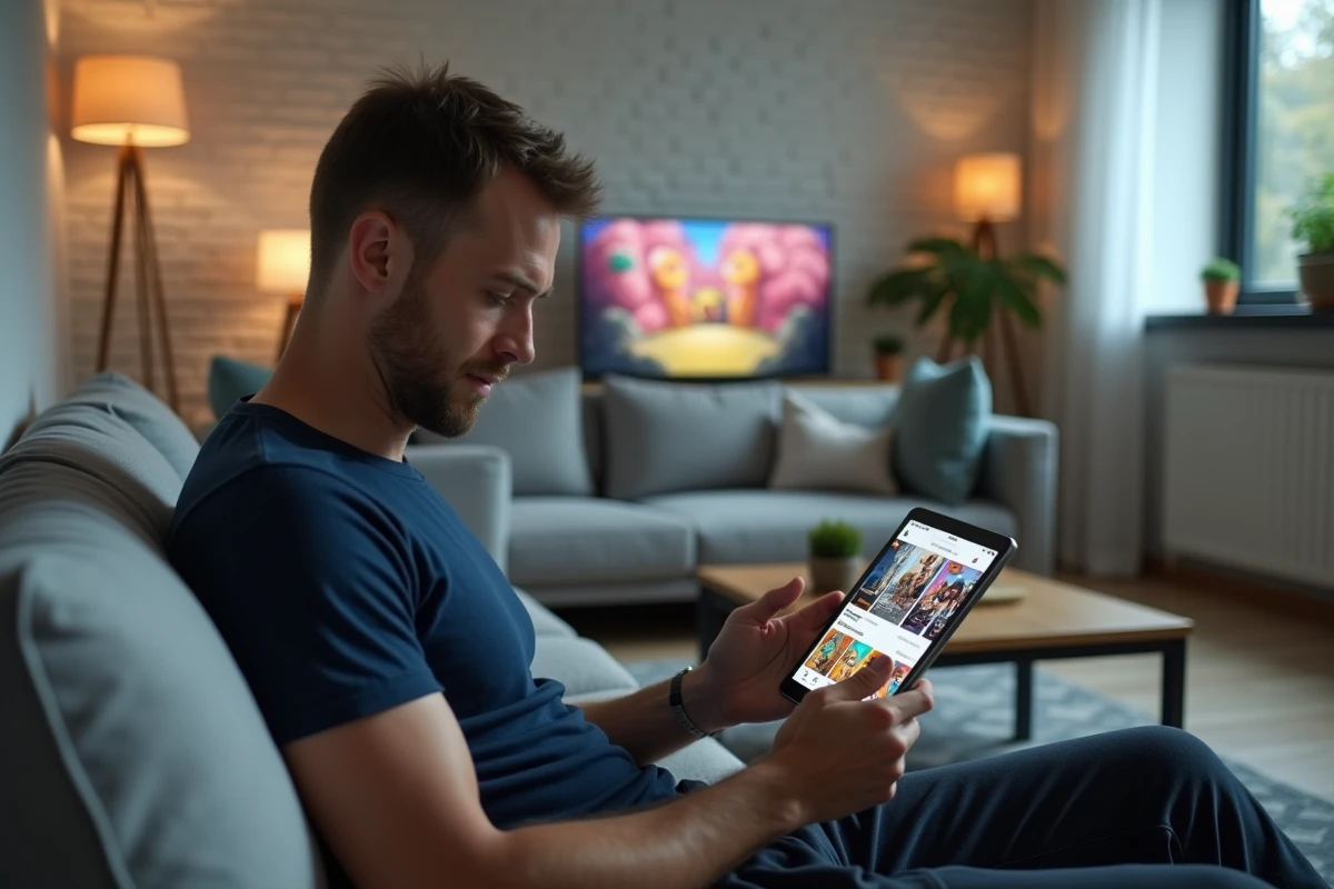 Homme consultant une page d'abonnement à un site de dessins animés sur sa tablette dans son salon