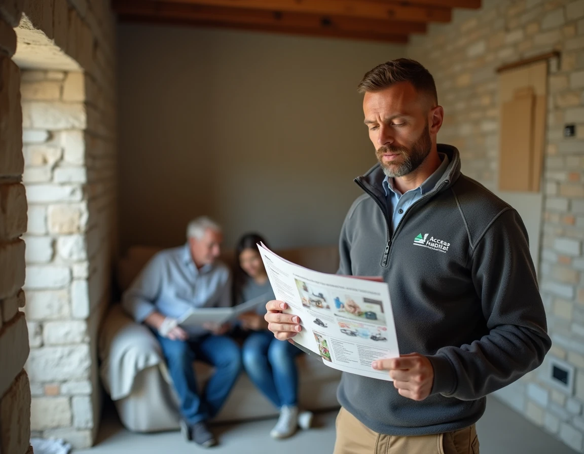 Conseiller d'Access Habitat présentant des options de rénovation énergétique à des propriétaires dans une maison normande en cours de rénovation
