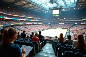 Vue panoramique intérieure de l'Accor Arena Paris avec familles consultant un plan de salle et repérant les secteurs depuis les gradins