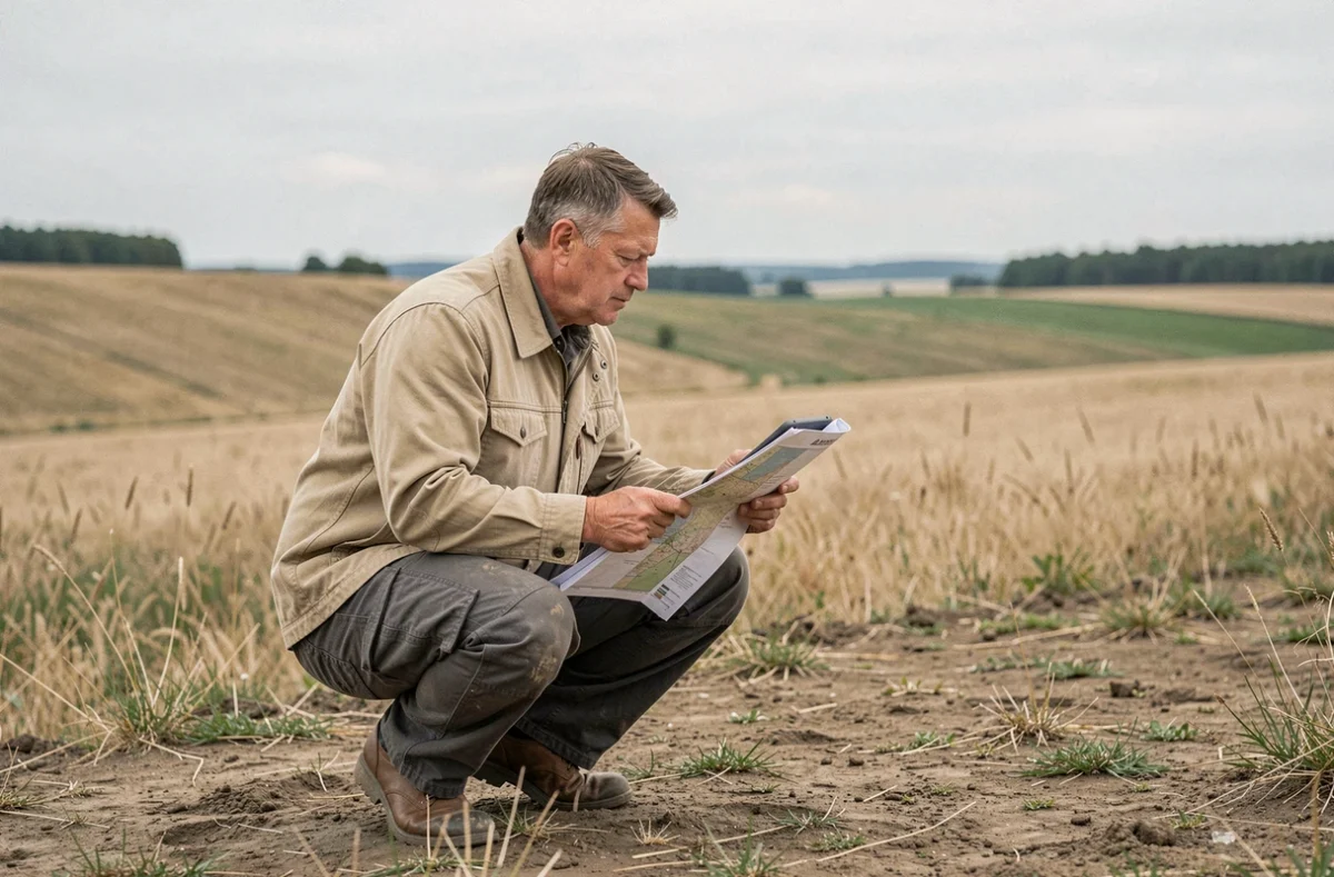 Agent foncier mesurant un grand terrain rural avec carte cadastrale et tablette numérique