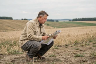 Agent foncier mesurant un grand terrain rural avec carte cadastrale et tablette numérique