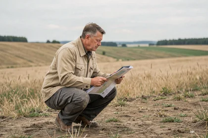 Agent foncier mesurant un grand terrain rural avec carte cadastrale et tablette numérique
