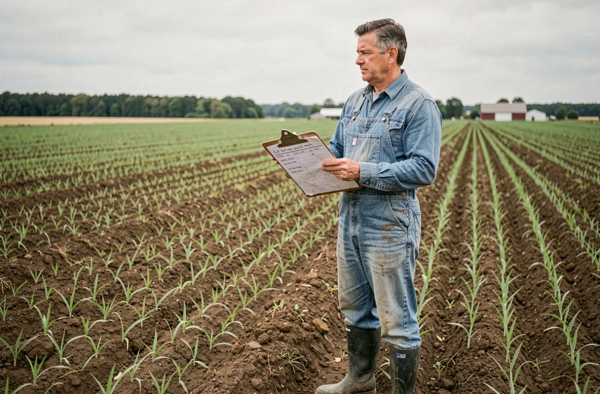 Agriculteur tenant un carnet de mesures de terrain en hectares au bord d'un champ cultivé à la campagne