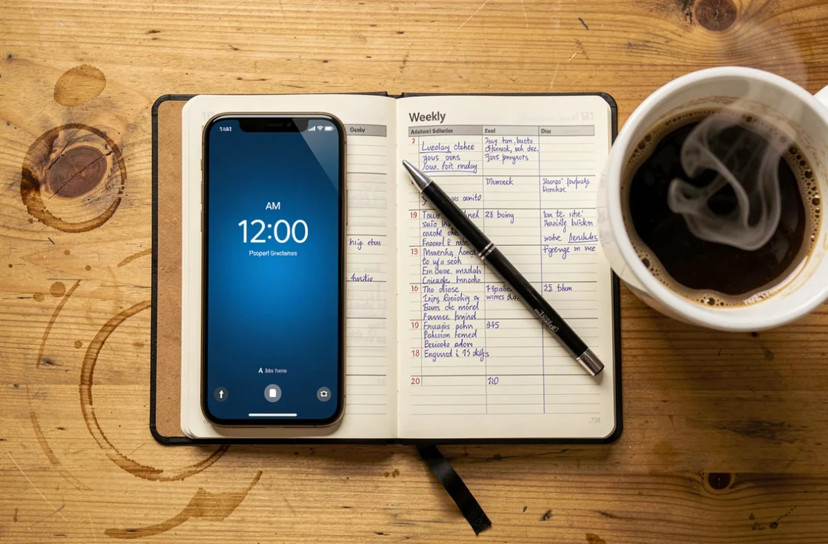 Vue aérienne d'un smartphone affichant une alarme à 12h00 AM à côté d'un agenda ouvert, illustrant la confusion courante entre minuit et midi dans le format AM/PM