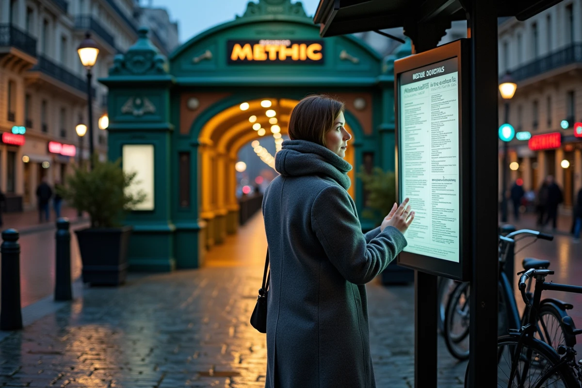 Femme consultant un arrêt de bus alternatif devant une entrée de métro ligne 7 à Paris la nuit