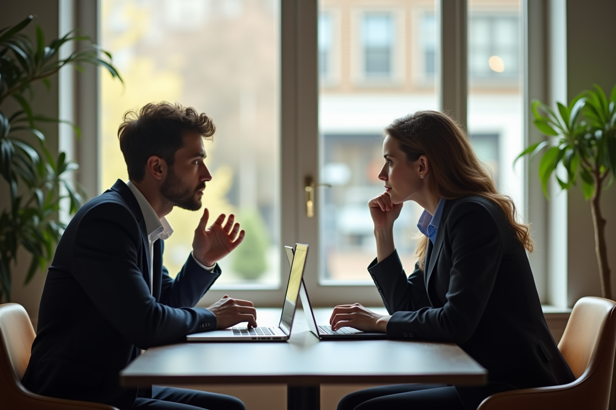 Deux amis en affaires évitant le regard dans un café moderne