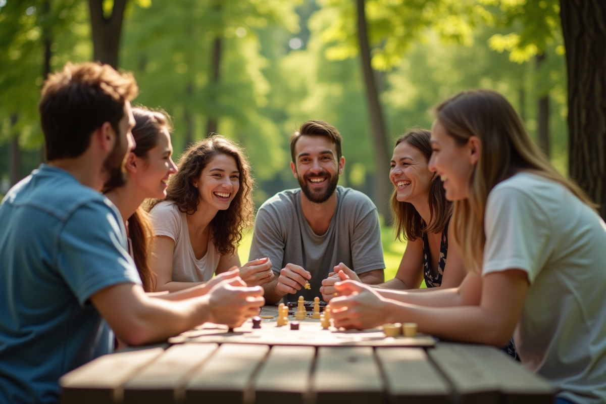 Groupe d'amis jouant à des jeux de société au parc ensoleille
