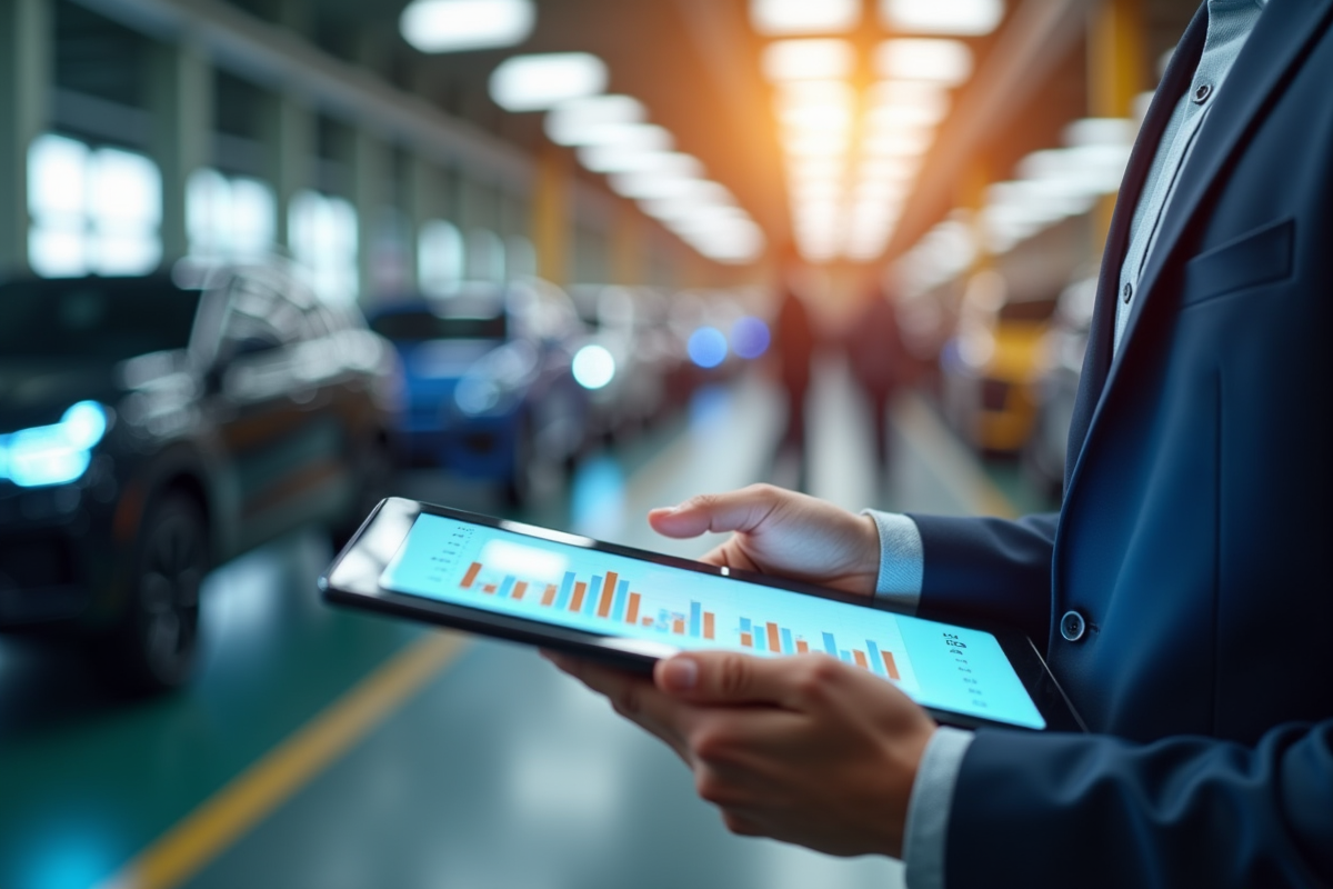 Professionnel analysant graphiques automobiles sur une tablette