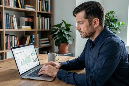 Homme analysant des graphiques de taux de retour sur joueur (RTP) sur un ordinateur portable dans un bureau à domicile