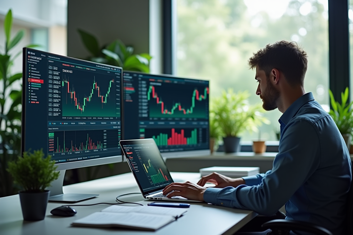 Analyste financier travaillant avec un ordinateur et graphiques