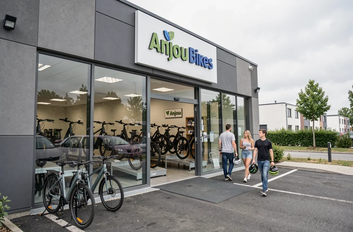 Vue extérieure du magasin Anjou Bikes à Beaucouzé avec une famille se dirigeant vers la boutique et un showroom de vélos électriques visible à travers la vitrine