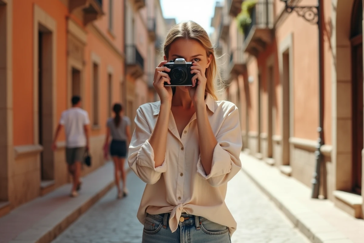 Jeune femme utilisant un appareil photo jetable argentique dans une ruelle pavée en Europe du Sud lors d'un voyage