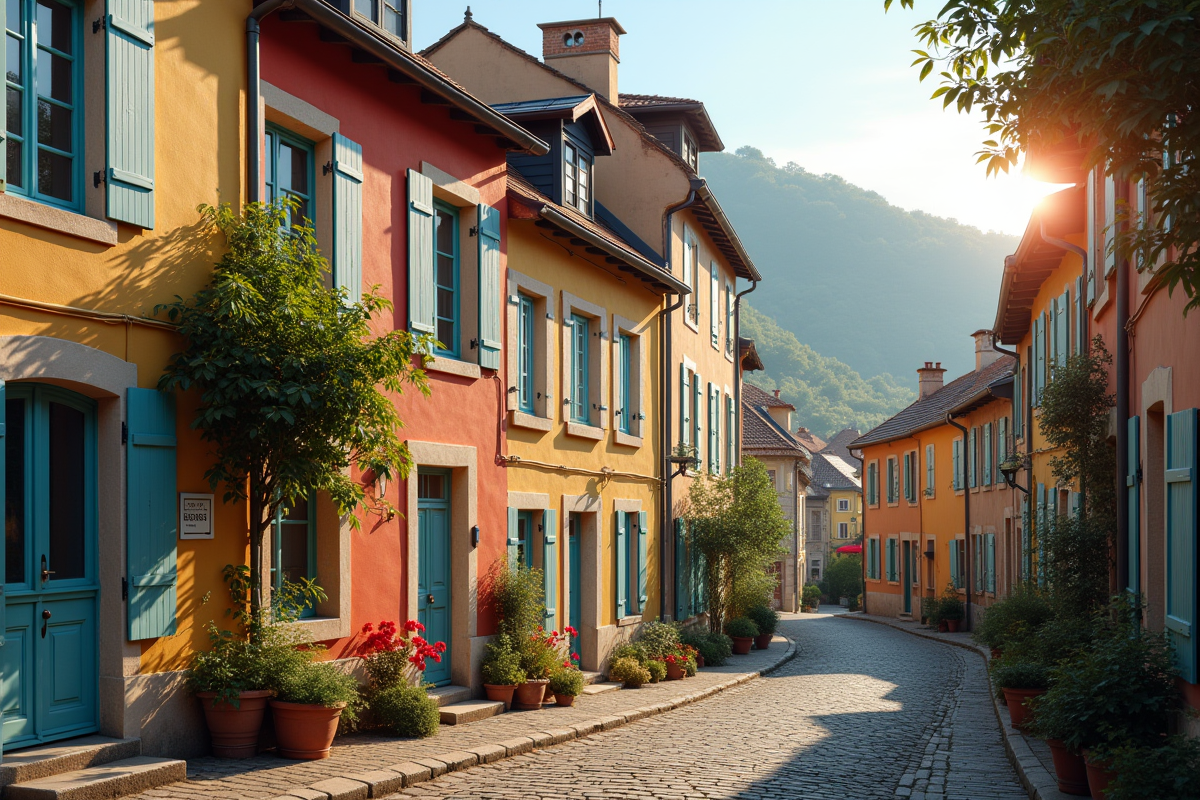 Petit immeuble ancien en France avec rue pavée et façades colorées