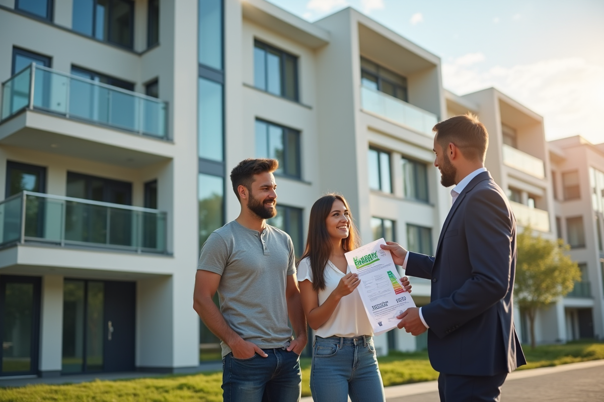 Immeuble moderne avec certificat energie présenté à un jeune couple