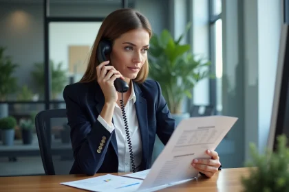 Femme professionnelle en entreprise consultant un guide d'appel international pour composer un numéro avec l'indicatif téléphonique 41 de la Suisse