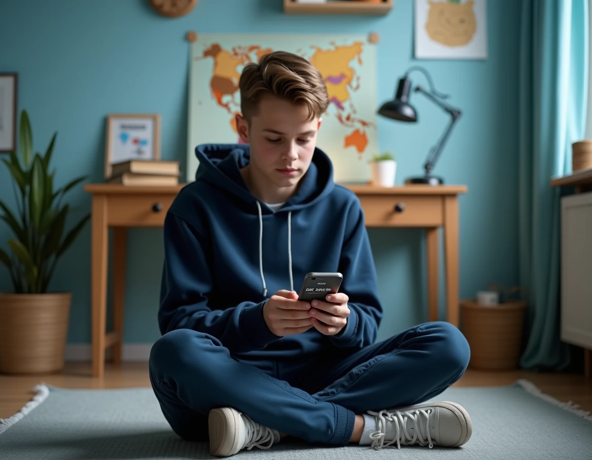 Adolescent consultant une application de conversion miles en kilomètres sur smartphone dans sa chambre