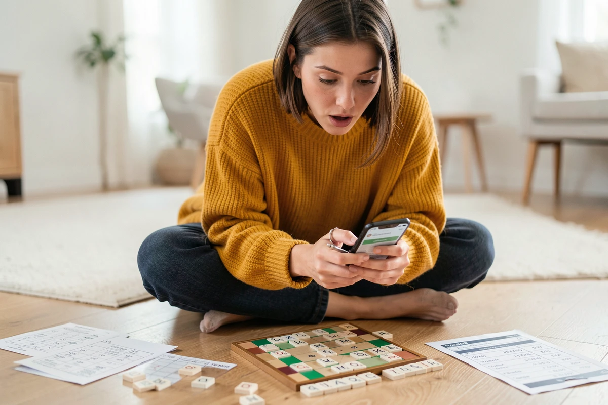 Jeune femme vérifiant un mot de Scrabble contesté sur une application officielle de validation pendant une partie à domicile