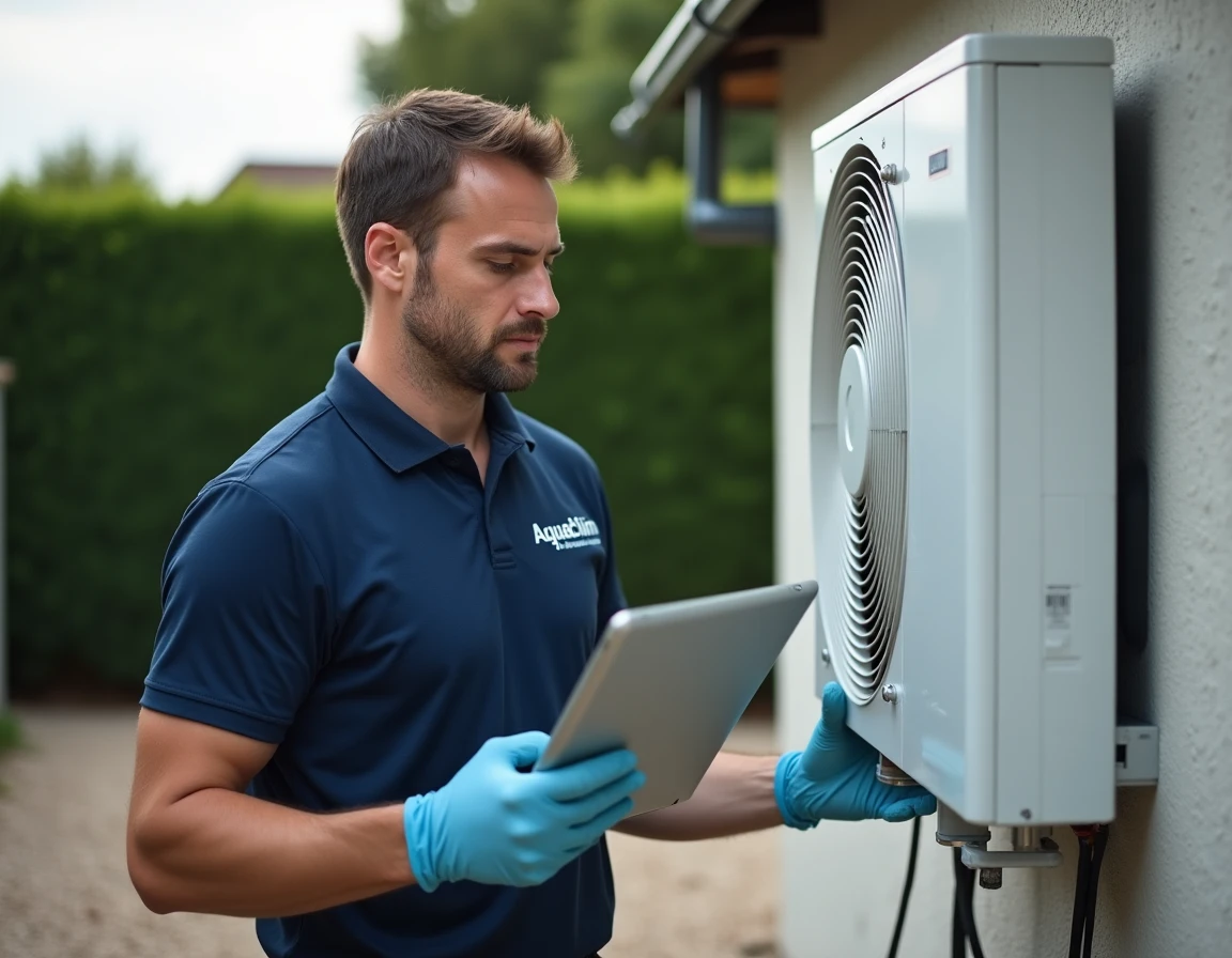 Technicien d'Aquaclim Service effectuant la maintenance d'une pompe à chaleur air-eau sur la façade d'un pavillon normand