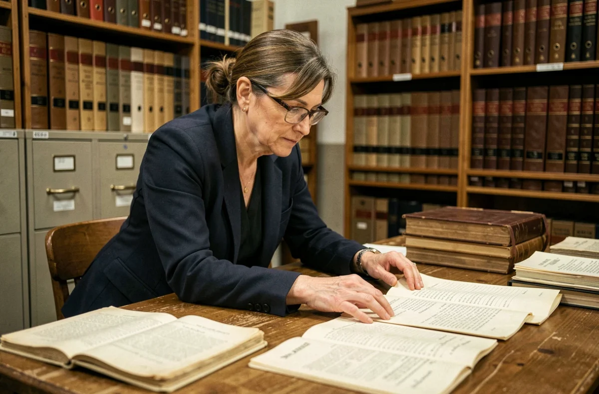 Archiviste examinant des documents d'état civil anciens dans une salle d'archives municipale