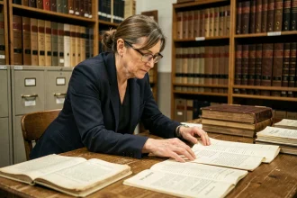 Archiviste examinant des documents d'état civil anciens dans une salle d'archives municipale