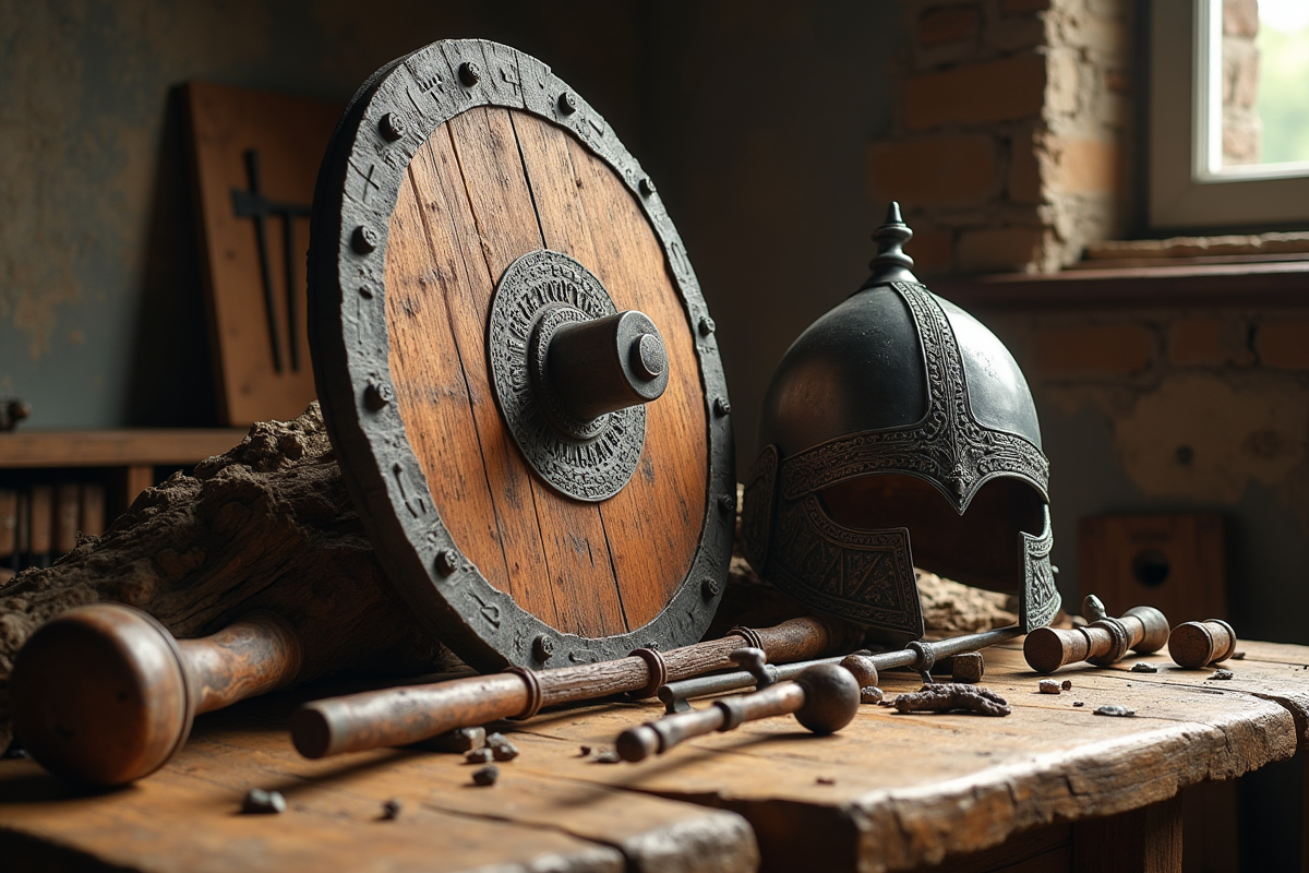 Artefacts vikings anciens sur une table en bois
