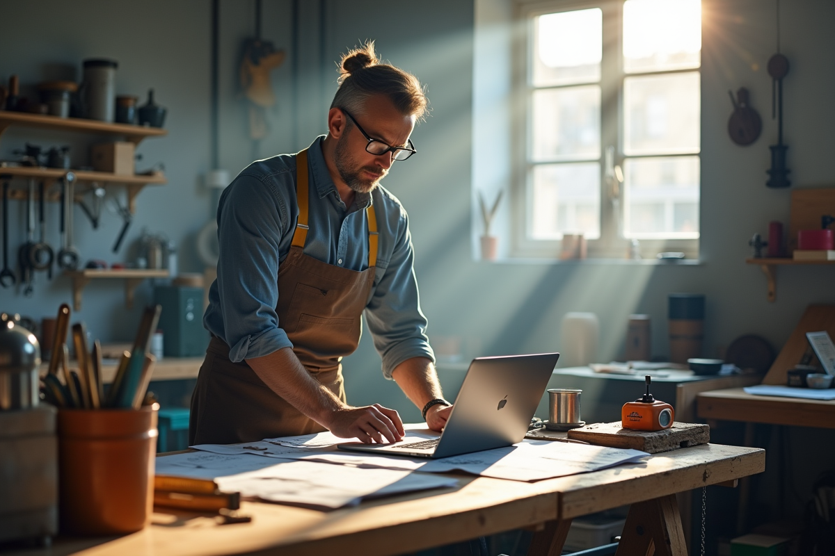 Artisan dans un atelier lumineux avec ordinateur et outils