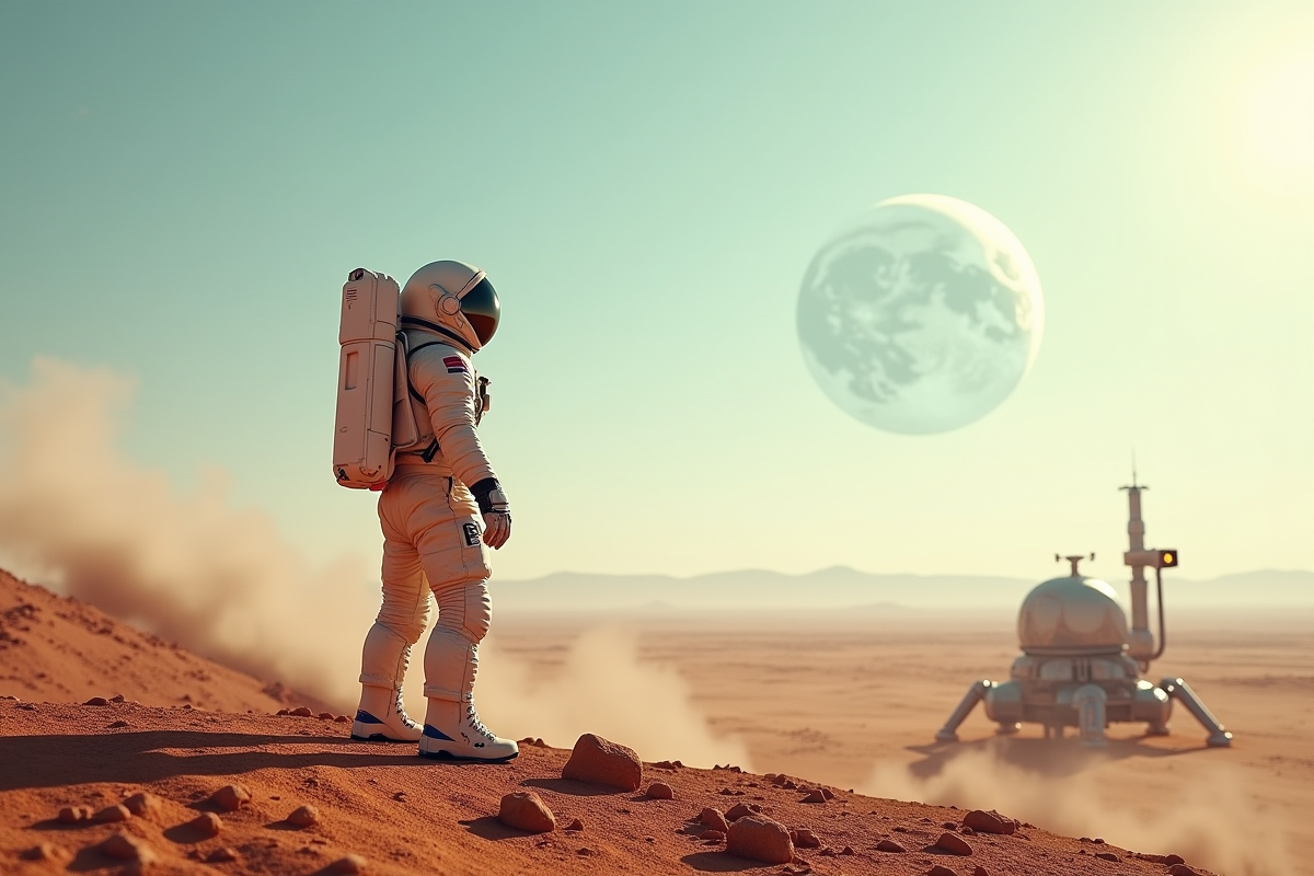 Astronaute seul sur une planète alien regardant la Terre
