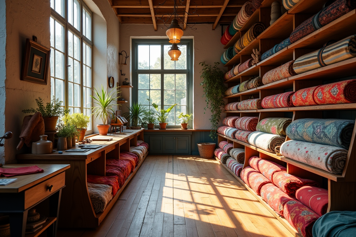 Intérieur d'un atelier de tissus vintage des années 1940 avec rouleaux colorés