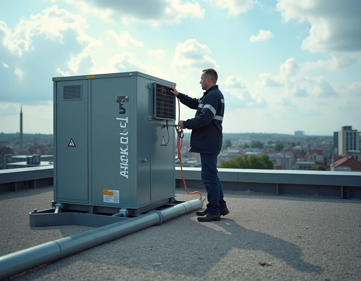 Technicien d'Atomclim raccordant des lignes frigorifiques sur une unité CVC en toiture d'un bâtiment commercial normand