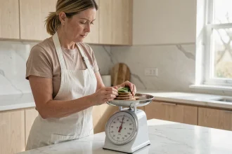 Femme en cuisine pesant des ingrédients sur une balance analogique affichant 450 grammes, équivalent d'une livre en système métrique