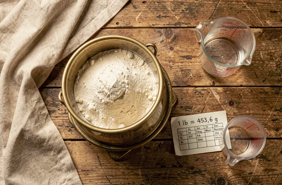 Balance de cuisine vintage avec de la farine et une note de conversion manuscrite indiquant 1 livre égale 453,6 grammes en système métrique