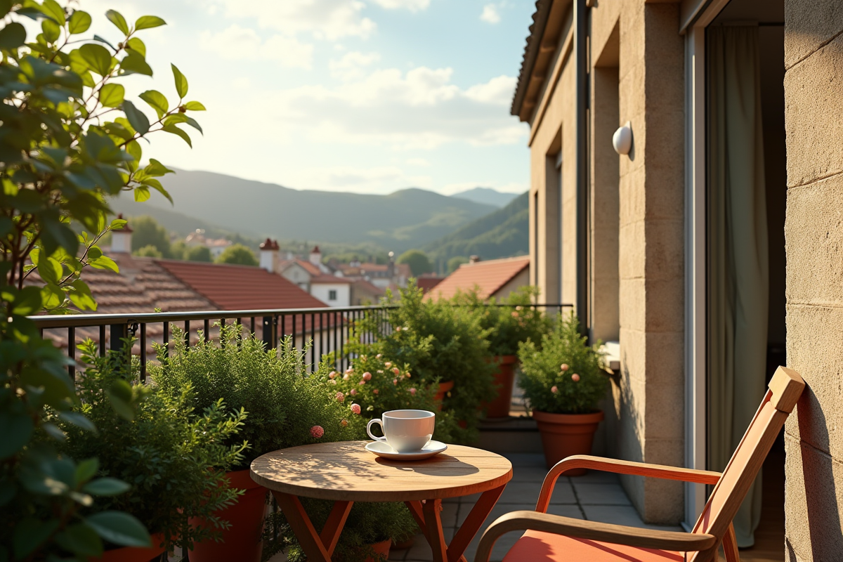 Balcon de appartement français avec vue sur la ville et nature