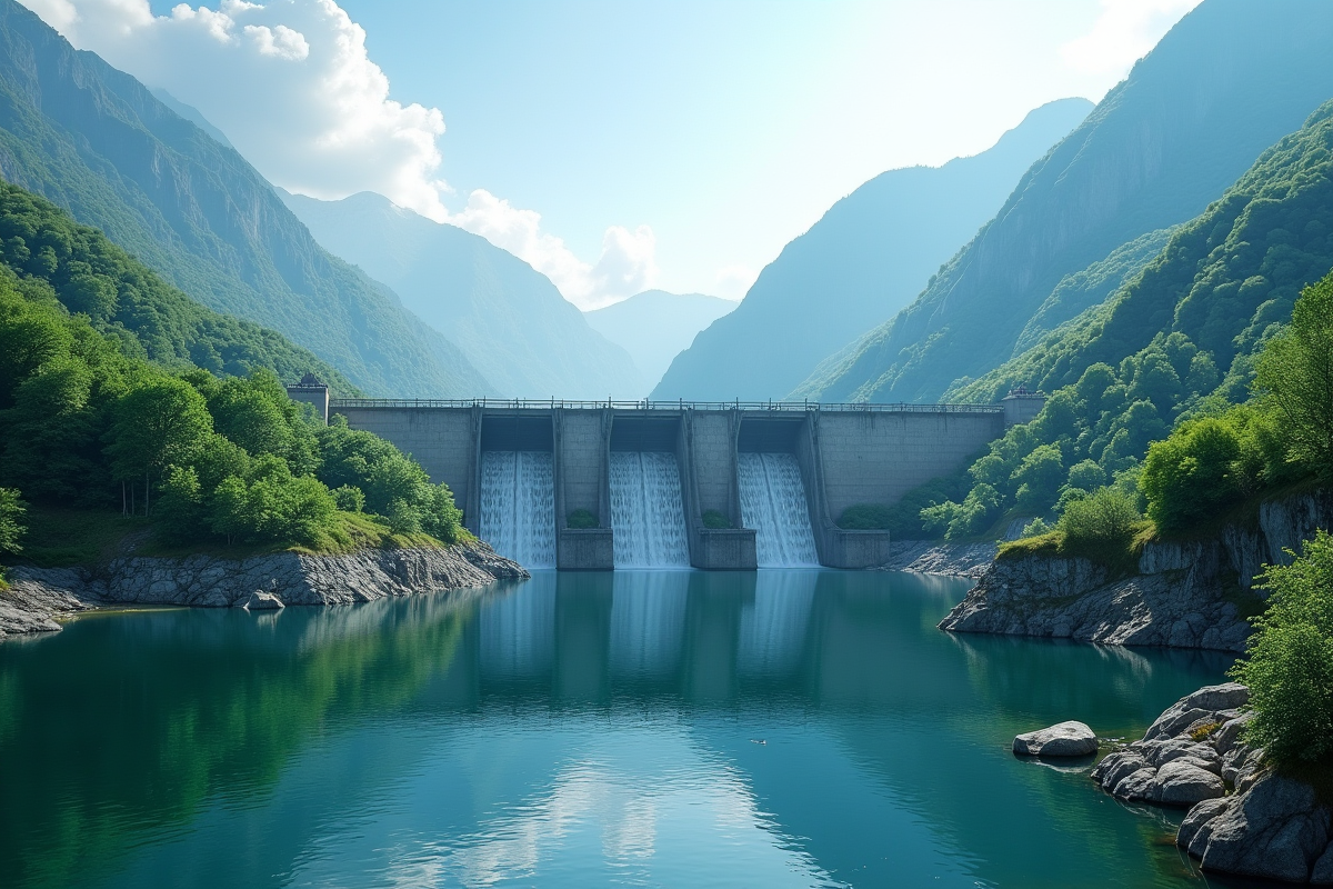 Barrage hydroelectrique entouré de montagnes vertes et turbines
