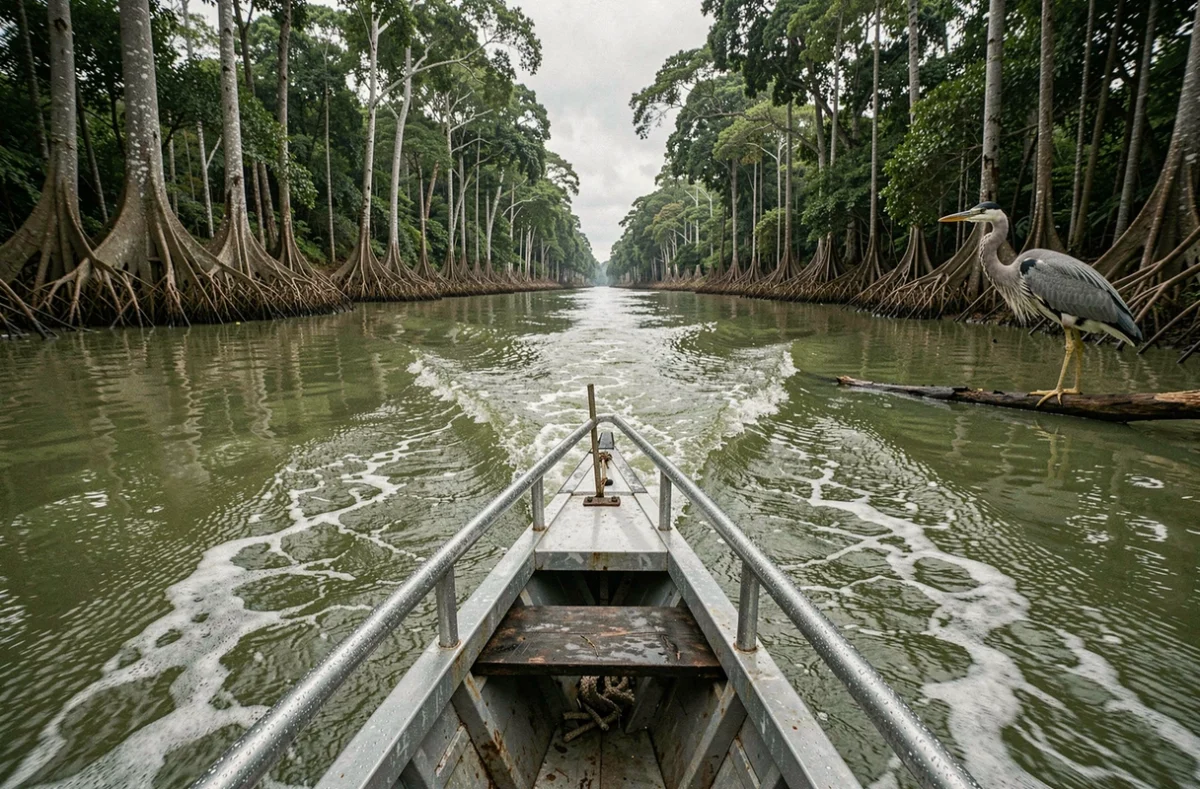 Vue depuis le pont d'un bateau naviguant sur le fleuve Amazone entouré de forêt tropicale dense