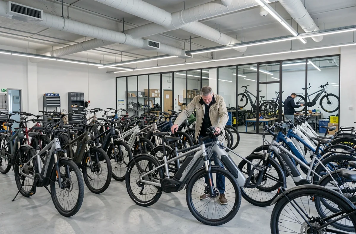 Grande salle d'exposition du Bike Center à Nantes avec une large gamme de vélos électriques et un atelier de réparation visible en fond