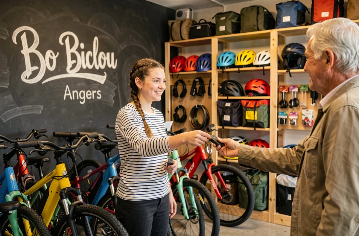 Intérieur chaleureux de la boutique Bo Biclou à Angers avec des vélos électriques colorés et une vendeuse remettant une clé de test à un client