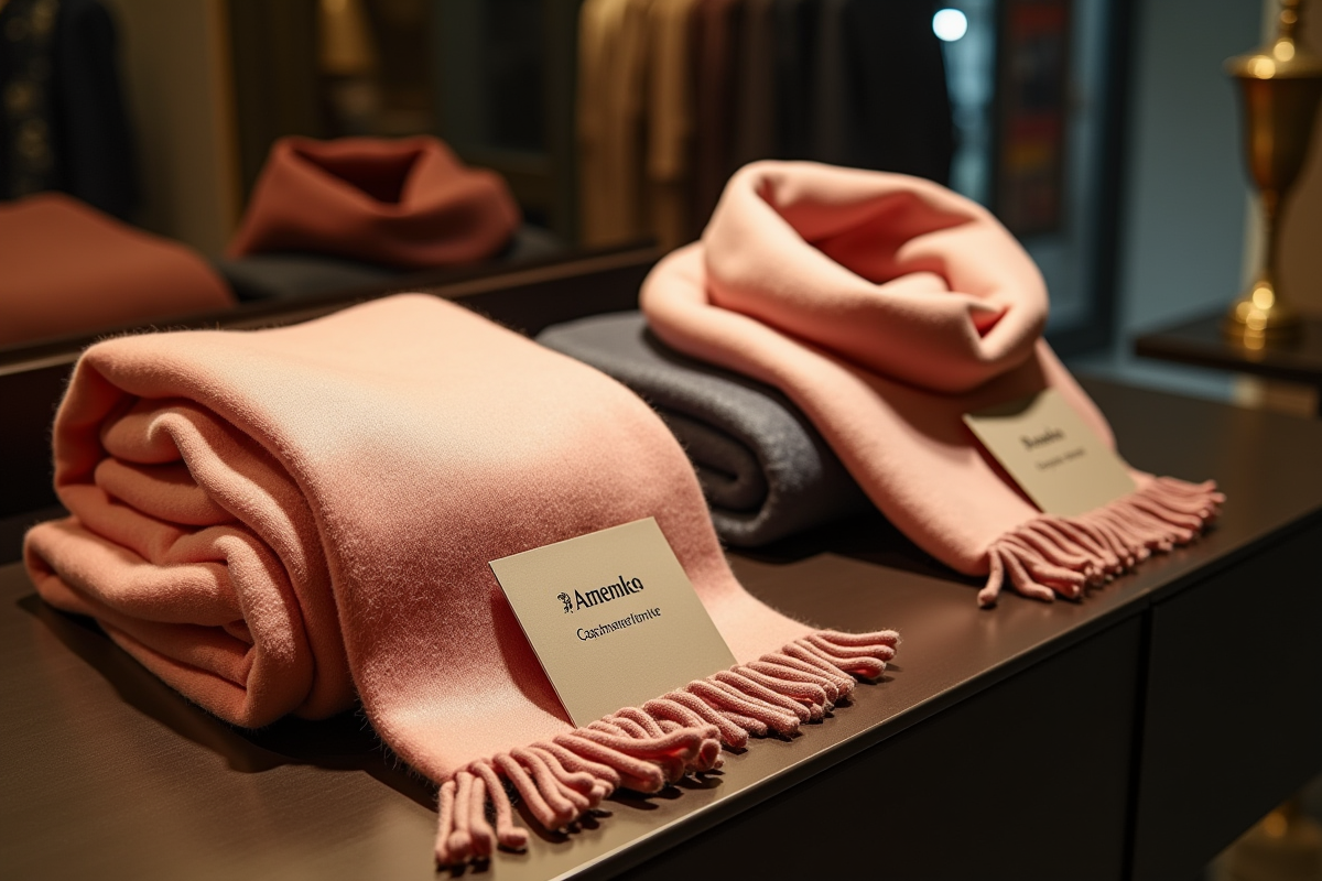Echarpes en cachemire et soie dans une boutique avec étiquettes et éclairage