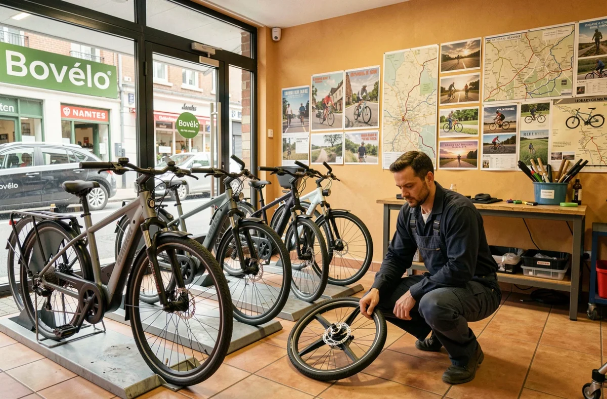 Intérieur de la boutique Bovélo à Nantes avec des vélos électriques et cargo exposés et un mécanicien travaillant sur une roue à l'établi