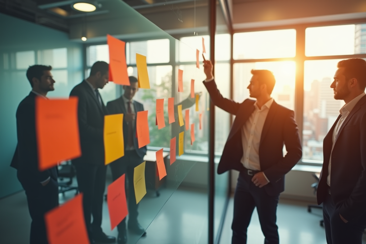 Professionnels en brainstorming dans un bureau moderne