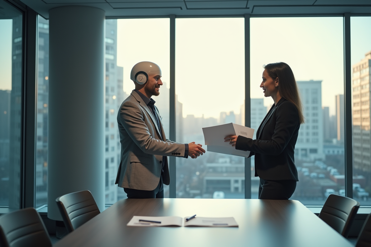 Analyste d'affaires confiant échangeant avec un robot dans un bureau moderne