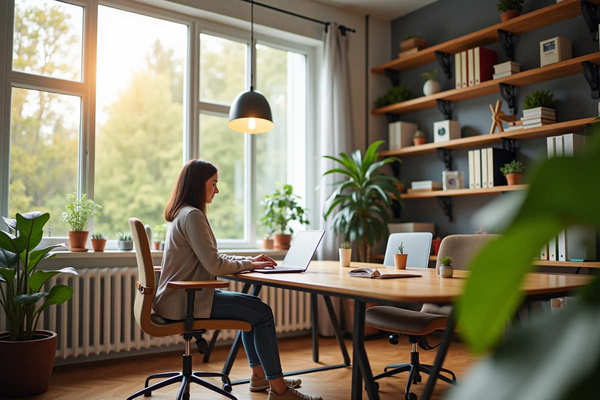 Espace de bureau moderne avec lumière naturelle et plantes