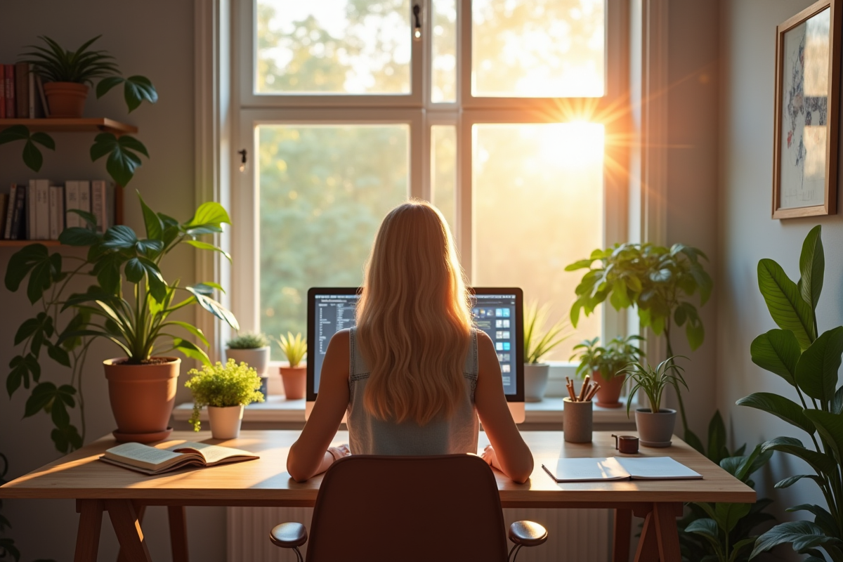 Personne travaillant dans un bureau lumineux à la maison