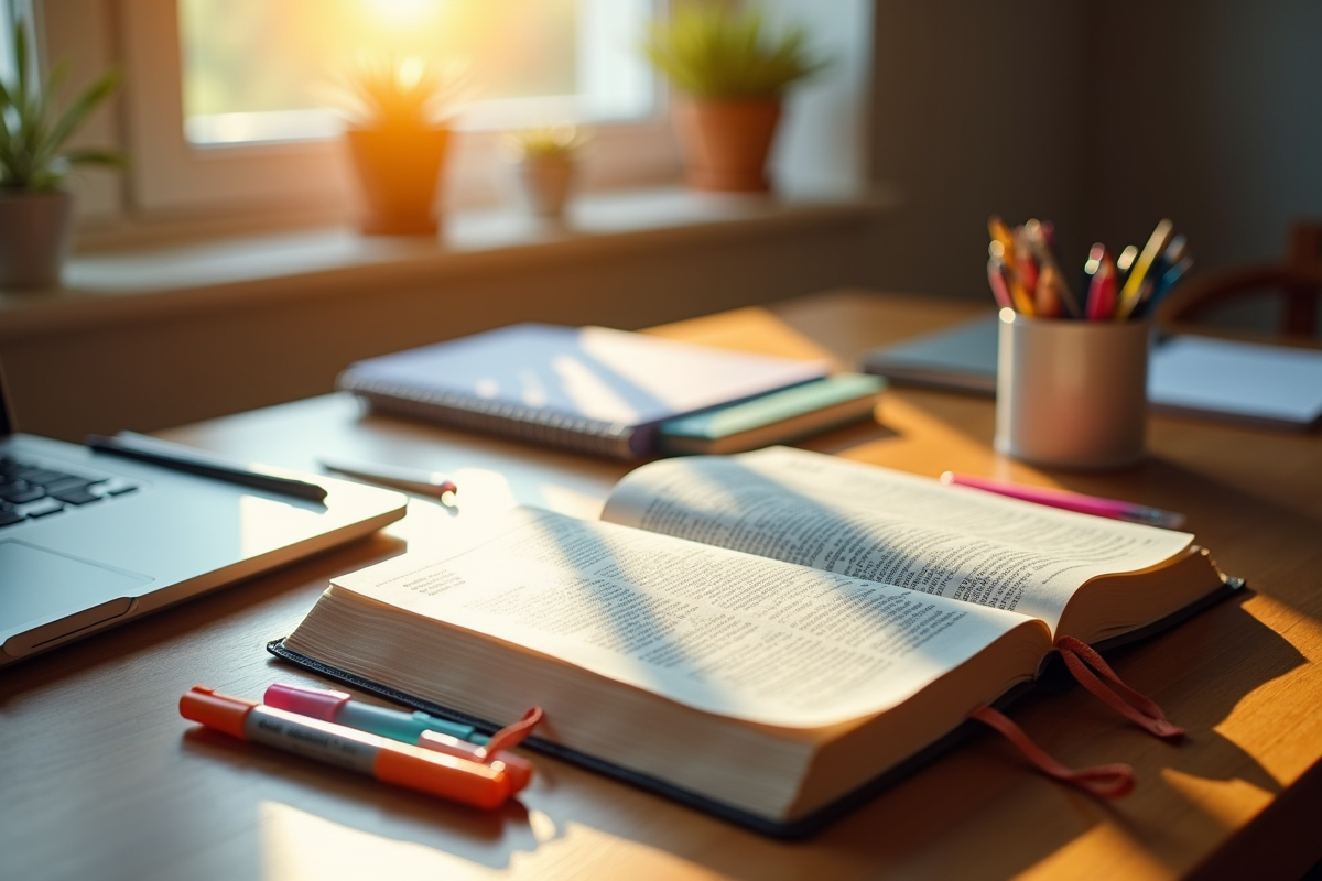 Bureau organisé avec Bible et surligneurs pour discipline