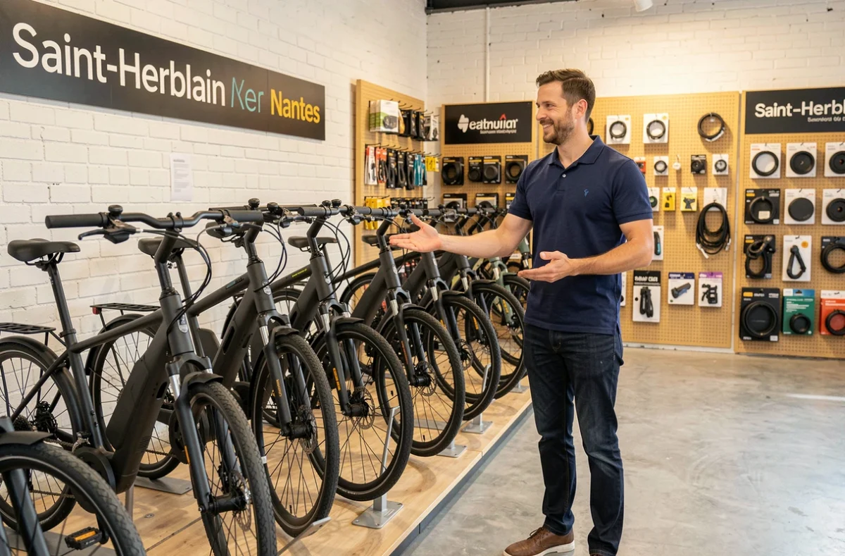 Employé d'un magasin de vélos électriques à Saint-Herblain présentant des modèles exposés dans la boutique C Les Vélos