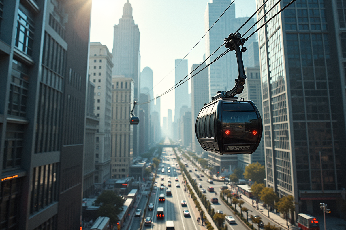 Téléphérique futuriste au-dessus d une ville animée en journée