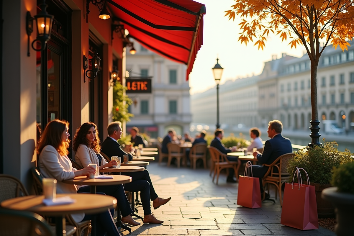 Café chic en plein air avec vue sur une ville européenne