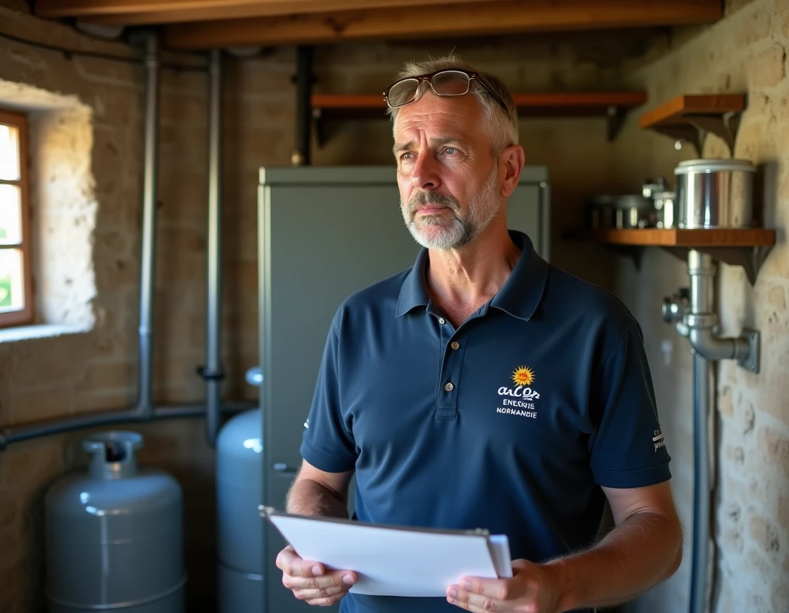 Ingénieur de Calor Énergie Normandie examinant des documents d'installation devant un système de chauffage au propane dans la chaufferie d'une ferme normande rurale