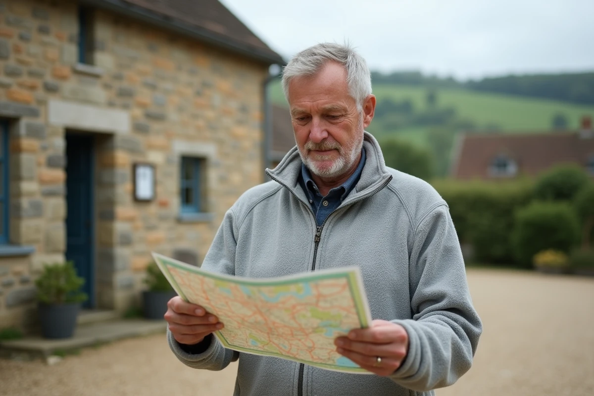 Homme tenant une carte papier des communes du département de l'Orne devant une mairie normande