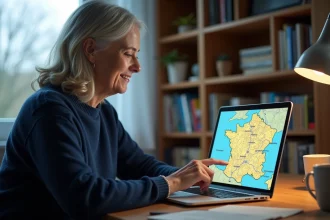 Femme consultant une carte interactive du département 61 sur un ordinateur portable dans un bureau à domicile