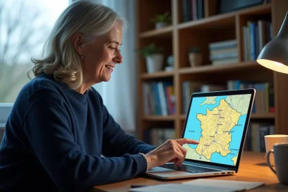 Femme consultant une carte interactive du département 61 sur un ordinateur portable dans un bureau à domicile